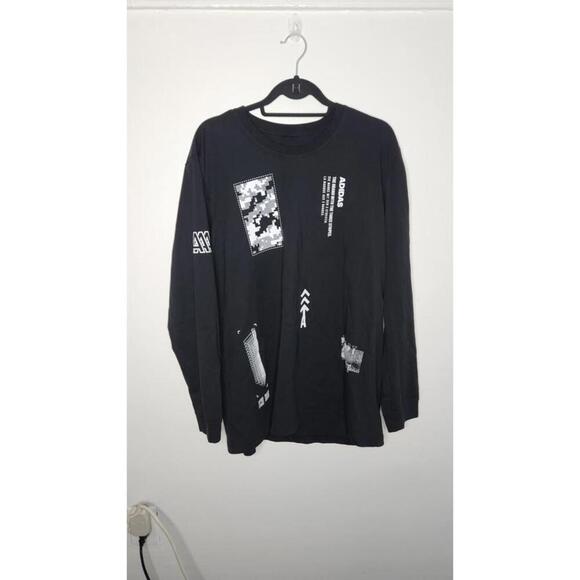 Adidas Shirt Mens  Black Long Sleeve Reflective Graphic Streetwear P2P 24" - Picture 1 of 5